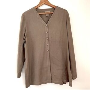 Eileen Fisher 100% Silk Light Brown Mocha Herringbone Button Front Tunic Top S M